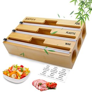 bgfox 3 in 1 plastic wrap organizer with cutter and labels, natural bamboo 12" roll aluminum foil and wax paper dispenser for kitchen storage organization holder