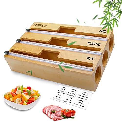 BGFOX 3 in 1 Plastic Wrap Organizer with Cutter and Labels, Natural Bamboo 12" Roll Aluminum Foil and Wax Paper Dispenser for Kitchen Storage Organization Holder