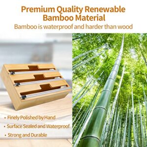 BGFOX 3 in 1 Plastic Wrap Organizer with Cutter and Labels, Natural Bamboo 12" Roll Aluminum Foil and Wax Paper Dispenser for Kitchen Storage Organization Holder