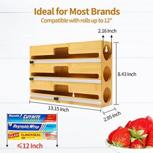 BGFOX 3 in 1 Plastic Wrap Organizer with Cutter and Labels, Natural Bamboo 12" Roll Aluminum Foil and Wax Paper Dispenser for Kitchen Storage Organization Holder