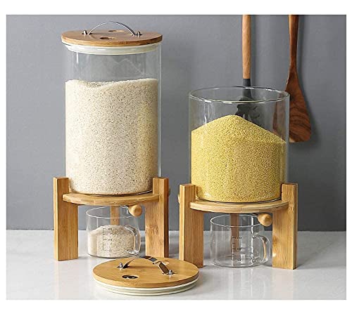 IYTBILQ Glass Cereal Dispenser Countertop with Spout Measuring Cup Sugar Flour Containers with Lids Airtight Automatic Rice Container for Kitchen Pantry 5L Capacity