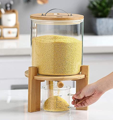 IYTBILQ Glass Cereal Dispenser Countertop with Spout Measuring Cup Sugar Flour Containers with Lids Airtight Automatic Rice Container for Kitchen Pantry 5L Capacity