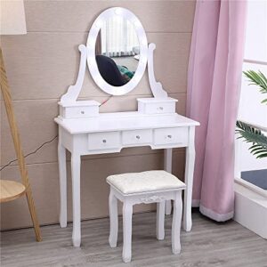 outvita makeup vanity set with 10 led bulbs, 5 drawers dressing table with rotating lighted mirror and cushioned stool,bedroom vanities set white