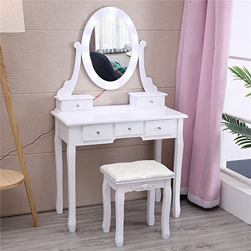 Outvita Makeup Vanity Set with 10 LED Bulbs, 5 Drawers Dressing Table with Rotating Lighted Mirror and Cushioned Stool,Bedroom Vanities Set White