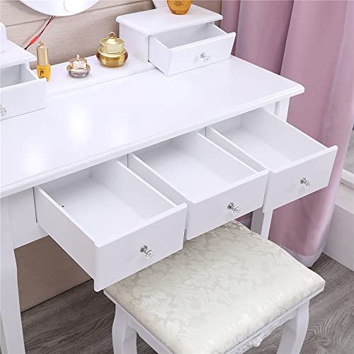 Outvita Makeup Vanity Set with 10 LED Bulbs, 5 Drawers Dressing Table with Rotating Lighted Mirror and Cushioned Stool,Bedroom Vanities Set White