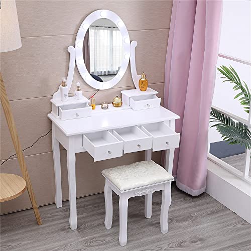 Outvita Makeup Vanity Set with 10 LED Bulbs, 5 Drawers Dressing Table with Rotating Lighted Mirror and Cushioned Stool,Bedroom Vanities Set White