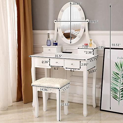 Outvita Makeup Vanity Set with 10 LED Bulbs, 5 Drawers Dressing Table with Rotating Lighted Mirror and Cushioned Stool,Bedroom Vanities Set White