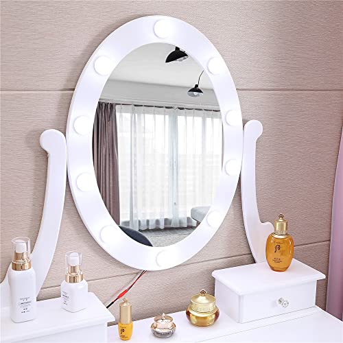 Outvita Makeup Vanity Set with 10 LED Bulbs, 5 Drawers Dressing Table with Rotating Lighted Mirror and Cushioned Stool,Bedroom Vanities Set White