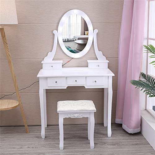 Outvita Makeup Vanity Set with 10 LED Bulbs, 5 Drawers Dressing Table with Rotating Lighted Mirror and Cushioned Stool,Bedroom Vanities Set White