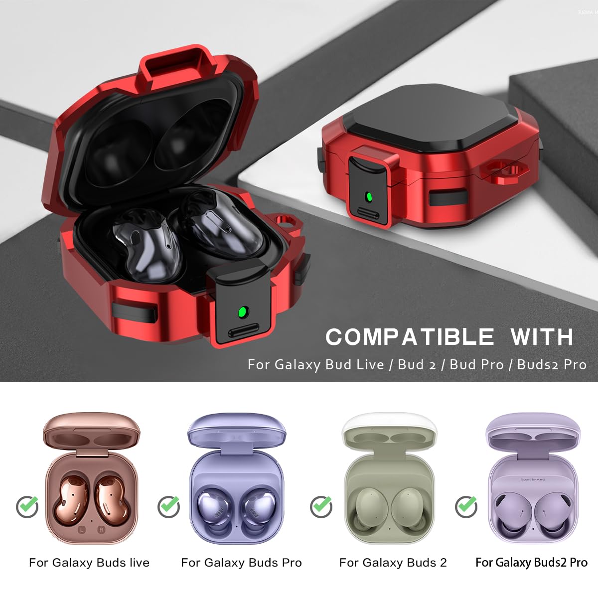 [with Lock] Armor Cover for Galaxy Buds Pro Case/Galaxy Buds 2 Case/Galaxy Buds Live Case,Shockproof PC+TPU Protective Cover for Samsung Buds 2/Buds Pro/Buds Live with Keychain&Wrist Strap&Brush(Red)