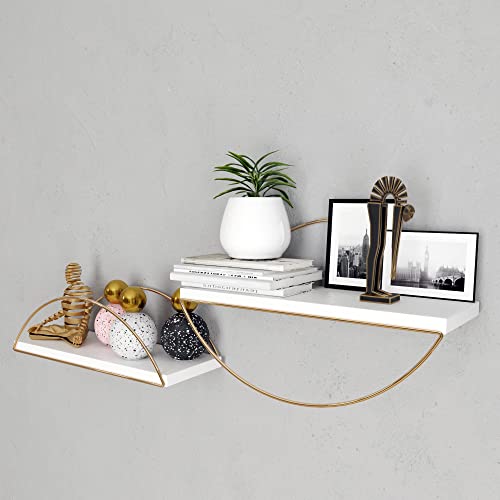 IRON WOOD Gold Wall Shelves White - Set of 2 Gold Wall Shelves - Wall Mounted Shelf Organizers – Polished Silver & Nickel Finish Storage Racks for Bathroom or Kitchen, Easy Assembly