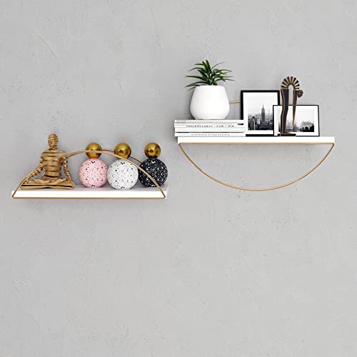 IRON WOOD Gold Wall Shelves White - Set of 2 Gold Wall Shelves - Wall Mounted Shelf Organizers – Polished Silver & Nickel Finish Storage Racks for Bathroom or Kitchen, Easy Assembly