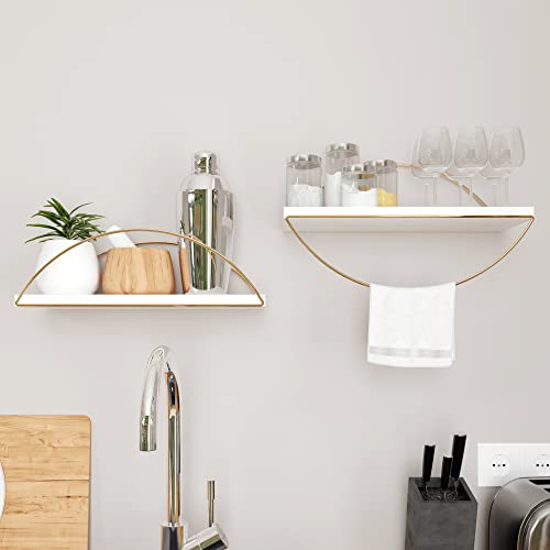 IRON WOOD Gold Wall Shelves White - Set of 2 Gold Wall Shelves - Wall Mounted Shelf Organizers – Polished Silver & Nickel Finish Storage Racks for Bathroom or Kitchen, Easy Assembly