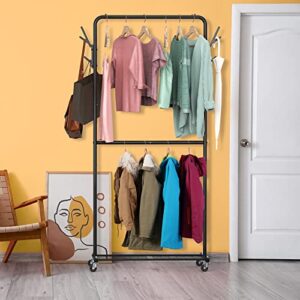 Simple Houseware Double Rod Garment Rack With Wheels and Hooks, Black