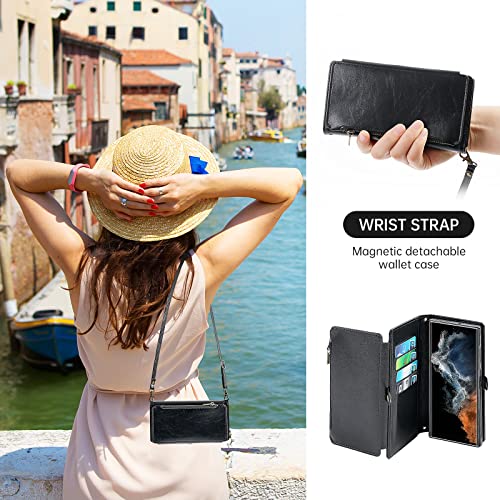 LAISIAHA Crossbody Phone Case and Wallet-Compatible with Samsung Galaxy S22 Ultra 5G Case, Samsung S22 Ultra Wallet Case Leather Magnetic Flip Strap Wristlet Zipper Card Holder Phone Case Black