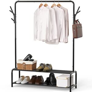 simple houseware garment rack with storage shelves and coat/hat hanging hooks
