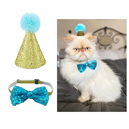 POSAPET Dog Cat Birthday Hat Pet Party Jazz Hat and Bow Tie Breakaway Set Pom-poms Topper for Kitten Puppy