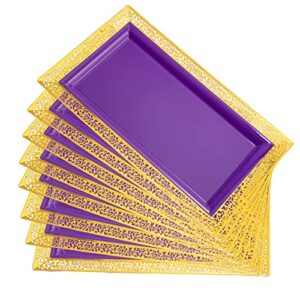 u-qe 8 pack rectangle plastic serving tray - purple & gold rim disposable serving trays and platters for food - platters for serving food - party, wedding, dessert table, cupcake display - 13x8 inches