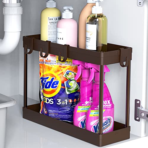 SimpleHouseware 2-Tier Under Sink Organizer Storage Tray with Hooks, Brown