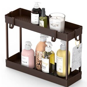 SimpleHouseware 2-Tier Under Sink Organizer Storage Tray with Hooks, Brown