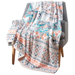 abstract boho throw blankets: soft colorful floral damask eclectic stripe accent for sofa couch chair bed or dorm, aqua blue coral gray indigo white (malik)