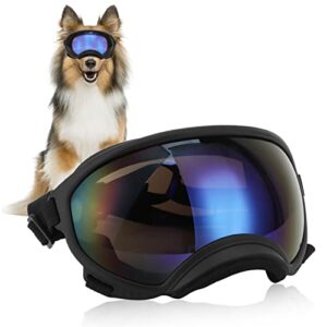 dog goggles, anti uv strong impact resistance adjustable elastic large breed dog goggles pet sunglasses(black frame blue film)