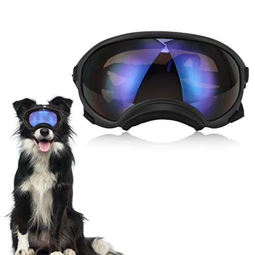 Dog Goggles, Anti UV Strong Impact Resistance Adjustable Elastic Large Breed Dog Goggles Pet Sunglasses(Black Frame Blue Film)