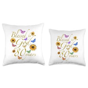 OMG Happy Birthday Decor Gifts Design Blessed by God for 80 Year Sunflower Butterfly 80th Birthday Throw Pillow, 18x18, Multicolor