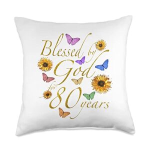 omg happy birthday decor gifts design blessed by god for 80 year sunflower butterfly 80th birthday throw pillow, 18x18, multicolor