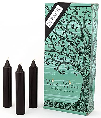 Wicca Wicks - 20 Black Candles | 4 inches Tall & 3/4 inch Diameter | Witchcraft Supplies for Your Personal Wiccan Altar, Spells, Charms & Rituals | Witchy Room Decor | Taper Candlesticks (Black)