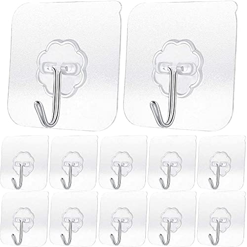 Alayaglory Transparent Adhesive Hooks 30 lb(Max), Waterproof and Oilproof Reusable Seamless Hooks, Heavy Duty Wall Hook for Kitchen Bathroom Office (8 Pack) Transparen