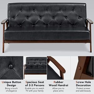 Giantex 3 Seat Sofa, Mid Century Retro Loveseat, Black Couch, PU Leather Upholstered Cushion, Rubber Wood Legs and Armrests, Stable A-Shaped Frame, for Living Room Bedroom Reception Room Office