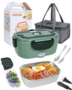 hanffcat electric lunch box, portable box food heater leak-proof sealing ring waterproof and for car、truck work 12v 110v 55w ,stainless steel container spoon fork、handbag, green (drfh-02)