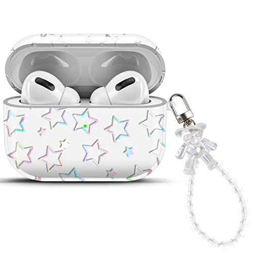 Maxjoy Compatible AirPods Pro Case Cover, Clear Laser Glitter Case for Women Girls Cute Soft Cover with Bear Bracelet Keychain Designed for Apple AirPods Pro Charging Case 2019, Star