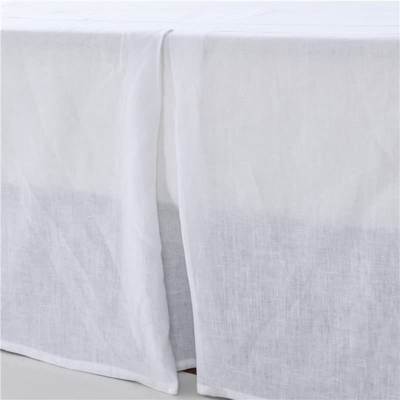 MEADOW PARK Washed French Linen Tailored Bed Skirt, Box Pleat Bed Skirt, Dust Ruffle, Full Size, 54" W x 75" L, Drop 16", Super Soft,White