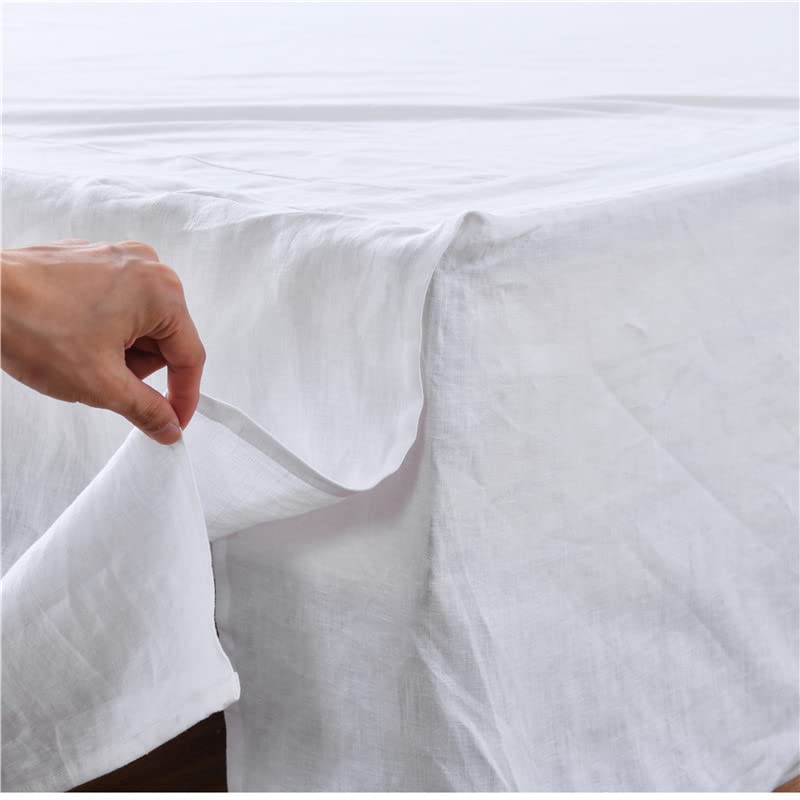 MEADOW PARK Washed French Linen Tailored Bed Skirt, Box Pleat Bed Skirt, Dust Ruffle, Full Size, 54" W x 75" L, Drop 16", Super Soft,White