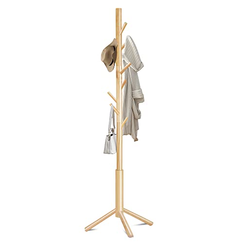 Azaeahom Coat Rack Freestanding with 8 Hooks 3 Adjustable Height Coat Racks Stand Clothing Hanger Stand Wooden Coat Tree Easy Assembly for Entryway, Bedroom, Hallway, Dormitory,OfficeNature