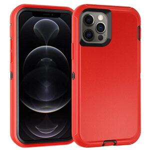 for iphone 12 case iphone 12 pro case shockproof dropproof heavy duty 3 layers full body protection phone case for apple iphone 12 & 12 pro 6.1 inches red/black