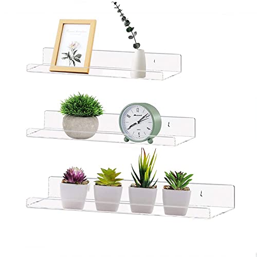 ROYALITA Clear Acrylic Floating Shelves - Set of 3 (16.5", 13.2", 9.3") - 4mm Save Space Floating Wall Decor Storage Shelves - Easy to Install & Multiuse Display for Funko Pops, Plants, Books, Makeup