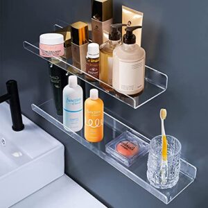 ROYALITA Clear Acrylic Floating Shelves - Set of 3 (16.5", 13.2", 9.3") - 4mm Save Space Floating Wall Decor Storage Shelves - Easy to Install & Multiuse Display for Funko Pops, Plants, Books, Makeup