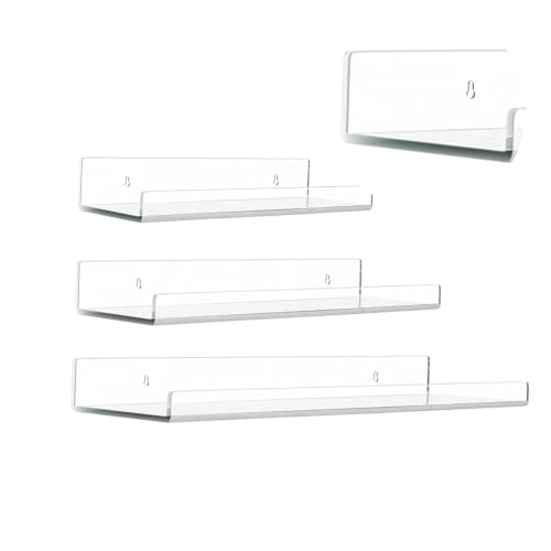 ROYALITA Clear Acrylic Floating Shelves - Set of 3 (16.5", 13.2", 9.3") - 4mm Save Space Floating Wall Decor Storage Shelves - Easy to Install & Multiuse Display for Funko Pops, Plants, Books, Makeup