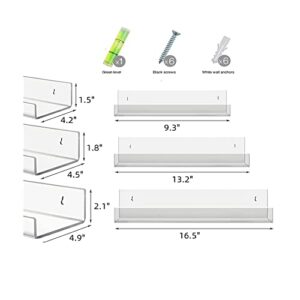 ROYALITA Clear Acrylic Floating Shelves - Set of 3 (16.5", 13.2", 9.3") - 4mm Save Space Floating Wall Decor Storage Shelves - Easy to Install & Multiuse Display for Funko Pops, Plants, Books, Makeup