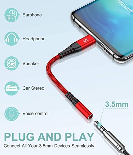 sweguard USB C to 3.5mm Female Headphone Adapter [2-Pack, 0.6ft], USB Type C to Audio Aux Cable Cord for iPad Pro Air 4 5 Mini 6, Samsung Galaxy S23 S22 S21 S20 S10 9 8 Note 20 10 Z fold Pixel-Red