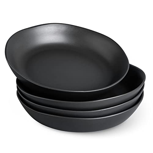 AmorArc 9.75 inch Stoneware Flat Pasta Bowls, 38oz Large Wide Bowls Set of 4 for Kitchen, Microwave Safe Bowls with Wavy Rim for Pasta Salad, Matte Black