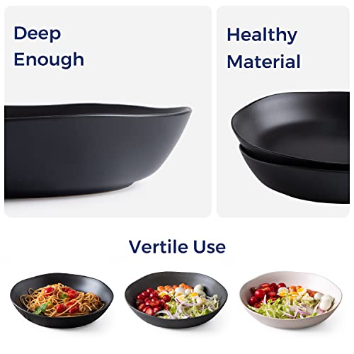 AmorArc 9.75 inch Stoneware Flat Pasta Bowls, 38oz Large Wide Bowls Set of 4 for Kitchen, Microwave Safe Bowls with Wavy Rim for Pasta Salad, Matte Black