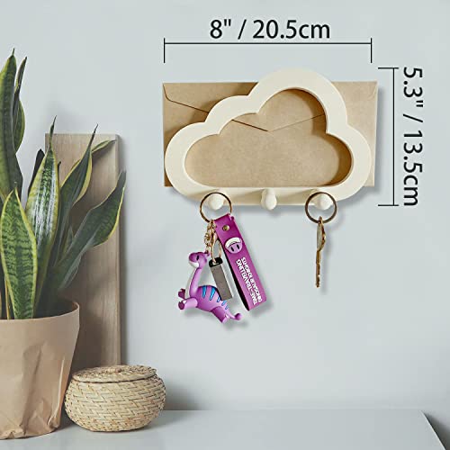 Cloud Key and Letter Holder for Wall - Entryway Rustic Key Rack and Mail Organizer Wall Mount, Minimalistic Style Wooden Wall Décor, Cloud Shelves with 3 Key Hooks, 8" W*5.3" H*2.64" D (White)