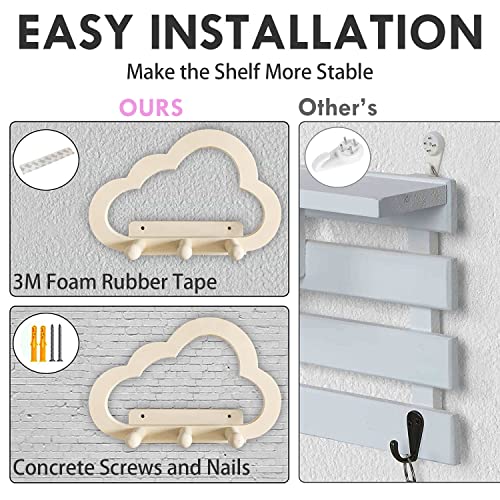 Cloud Key and Letter Holder for Wall - Entryway Rustic Key Rack and Mail Organizer Wall Mount, Minimalistic Style Wooden Wall Décor, Cloud Shelves with 3 Key Hooks, 8" W*5.3" H*2.64" D (White)