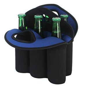 frriotn 6 pack bottle carrier, insulated neoprene beer bottle holder for travel, keeps drinks cold with secure carry handle, gift for men (black-blue)