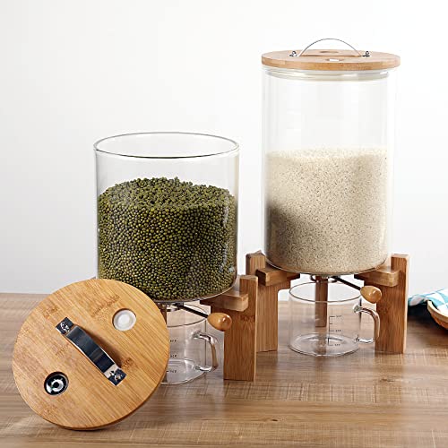 Rice Dispenser Flour Cereal Container Glass Food Storage Container with Airtight Lid and Wooden Stand for Flour, Sugar, Grain and Ground Coffee (8L)