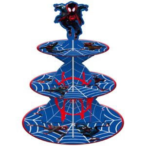 miles morales 3 tier cardboard cupcake stand spider hero treat stand cupcake holder spidey themed party decorations supplies for kids fans birthday party